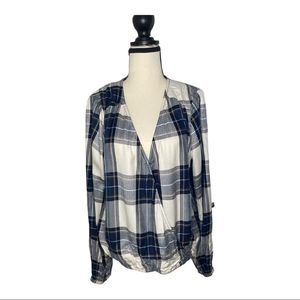 Sanctuary Size XL Blue Plaid Faux Wrap Wrap v Neck Blouse NWOT
